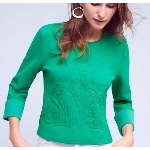Anthropologie Moth Kelly Green embossed floral sweater cotton blend size S - Picture 1 of 8